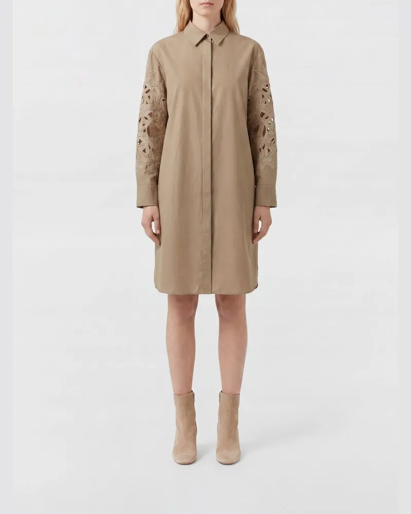 AGNONA Mini-Hemdblusenkleid aus Baumwolle mit Makramee-Einsätzen Braun