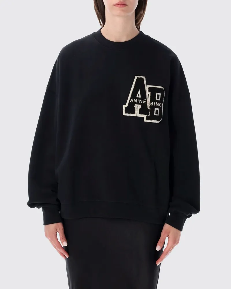 Anine Bing Baumwoll-Sweatshirt mit Rundhalsausschnitt und College-Logo-Patch Schwarz