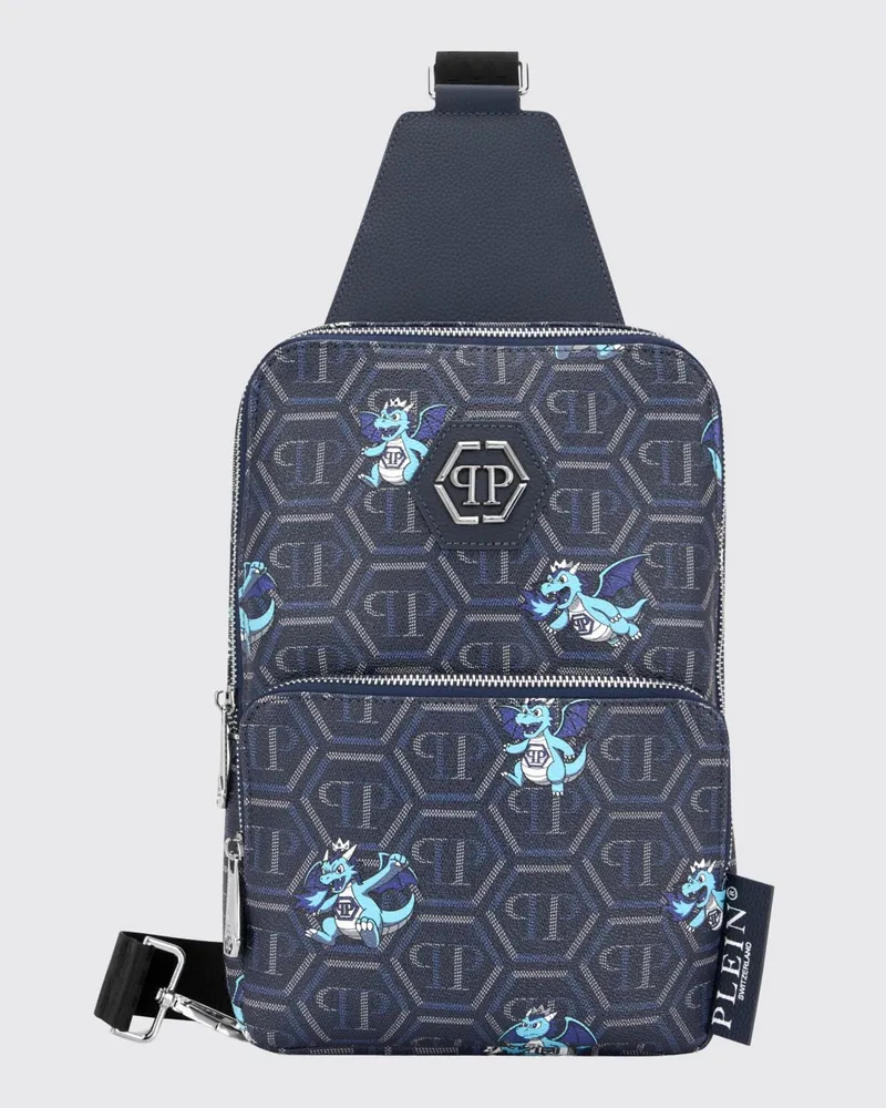 Philipp Plein Crossbody-Tasche aus beschichteter Baumwolle mit Monogramm und Hexagon-Logo Blau