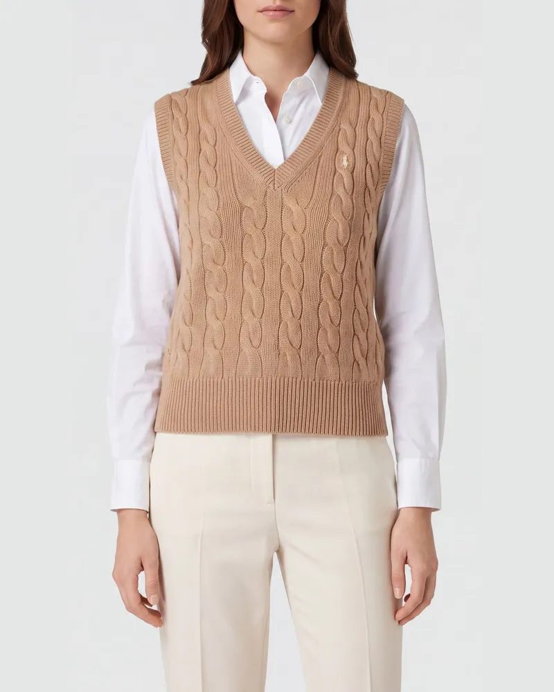 Ralph Lauren Kurzärmeliger Zopfstrickpullover mit V-Ausschnitt von aus Wolle und Kaschmir Beige