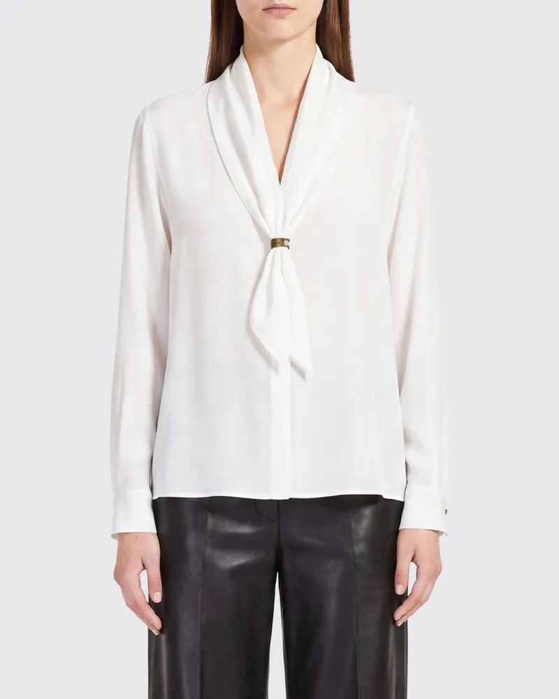 Max Mara Seidenbluse mit Schluppenkragen mit langen Ärmeln Weiß