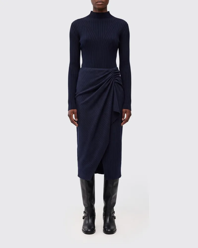Pinko Nadelstreifen-Strick-Midikleid mit hohem Kragen und geraffter Taille Blau