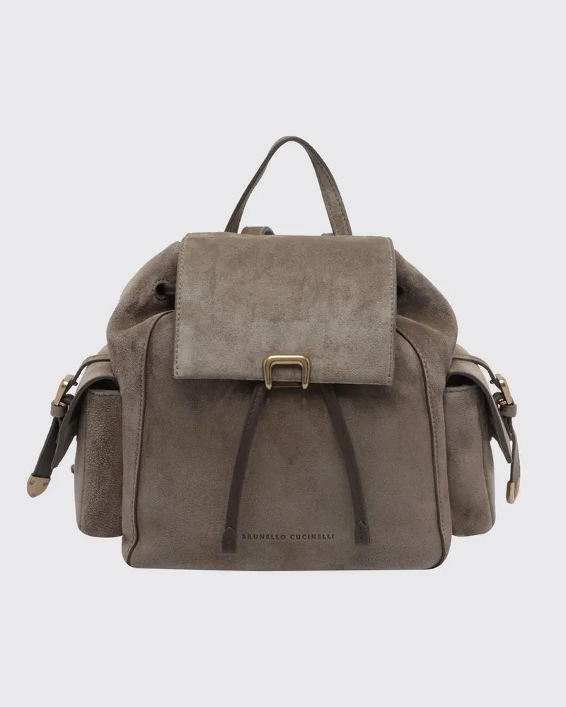 Brunello Cucinelli Kleiner Wildleder-Rucksack von mit Kordelzug und Monili-Verzierung Grau