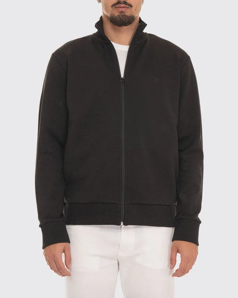 HUGO BOSS Rollkragen-Sweatshirt aus Baumwolle mit Reißverschluss und elastischen Bündchen Schwarz