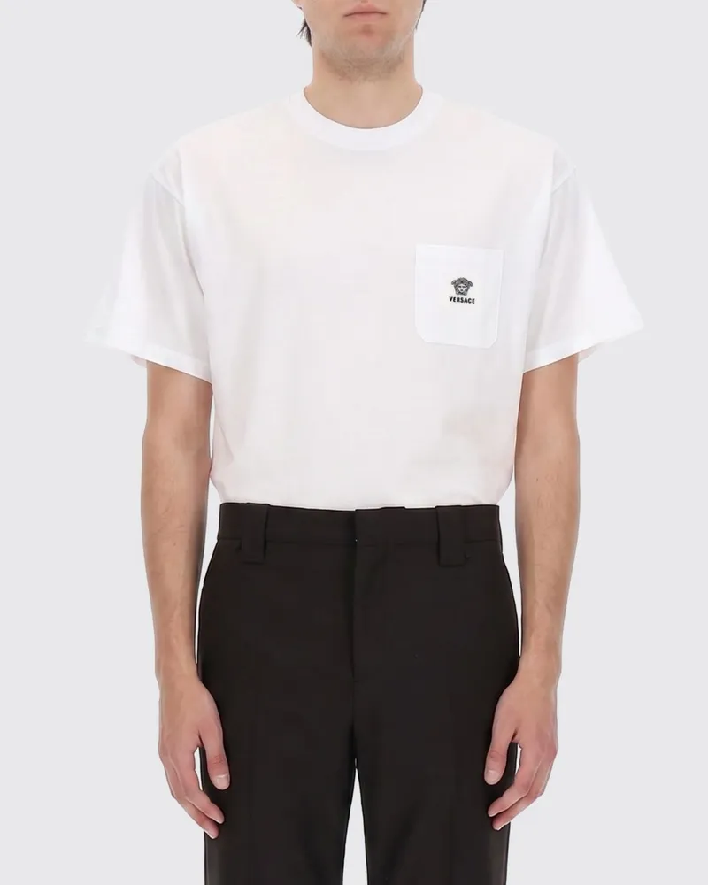 Versace Baumwoll-Rundhals-T-Shirt mit Medusa-Patch auf der Tasche Weiß