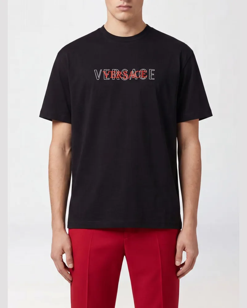 Versace Baumwoll-T-Shirt mit Rundhalsausschnitt und Kontrastlogo vorne Schwarz