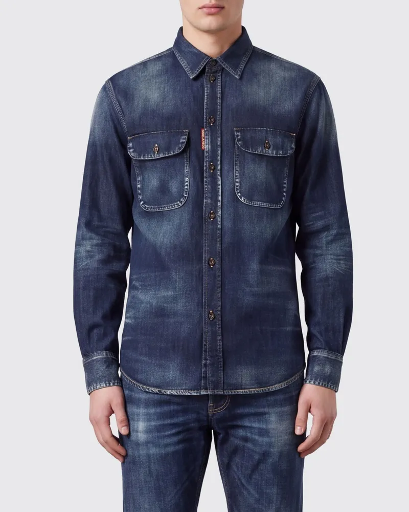 Dsquared2 Baumwolldenim-Hemd mit aufgesetzten Pattentaschen Navy