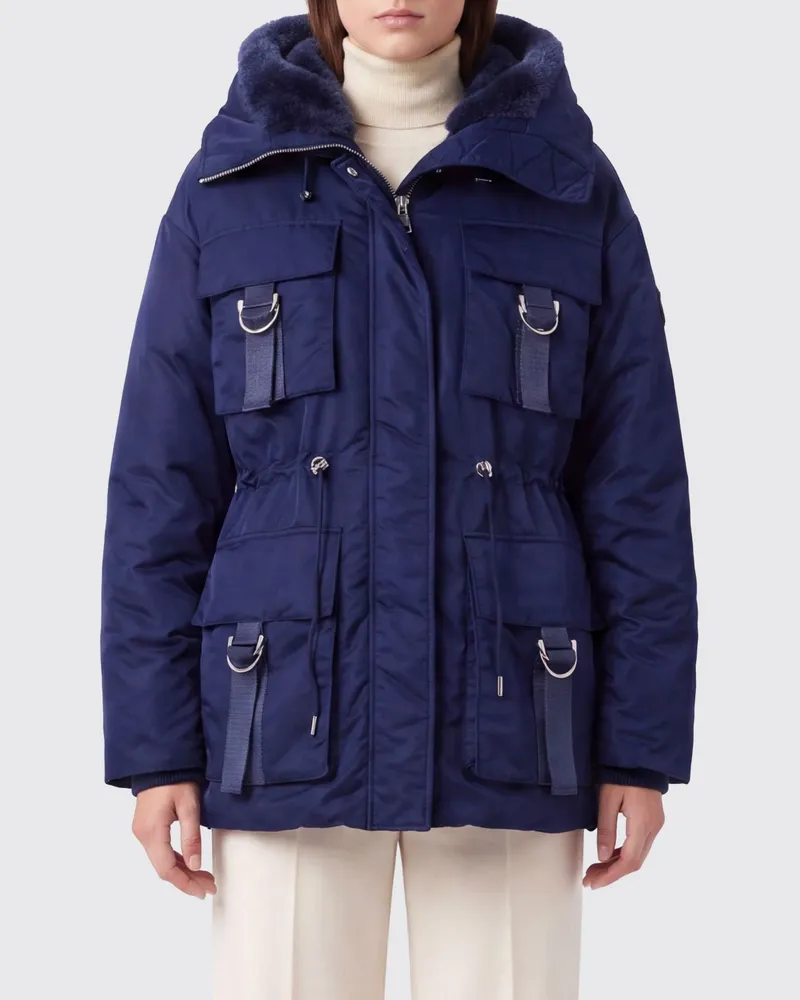 Pinko Kurzer Satin-Nylon-Parka mit Shearling-Kapuze und Kordelzug Blau