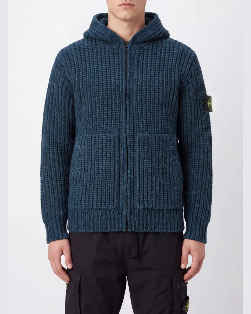 Stone Island Gerippter Baumwoll-Cardigan mit Kapuze, Reißverschluss und Logo Blau