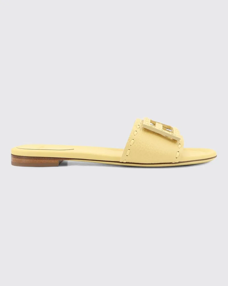 Fendi Baguette Flache Sandalen aus genarbtem Kalbsleder mit FF-Monogramm Gelb