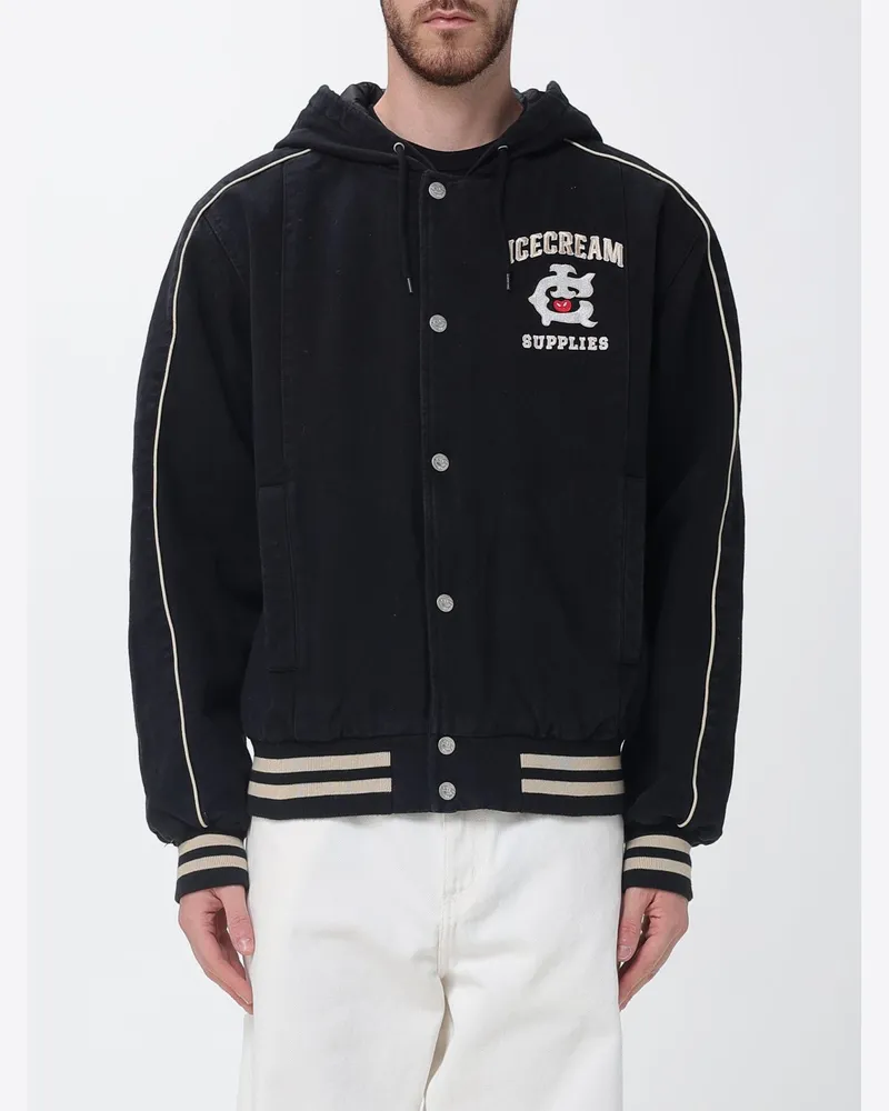 ICECREAM Baumwoll-Bomberjacke mit Kapuze und Logo Schwarz