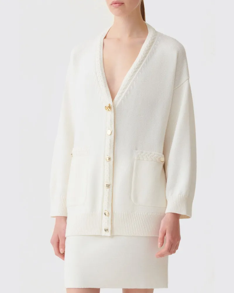 Fabiana Filippi Woll-Cardigan mit tiefem V-Ausschnitt und aufgesetzten Taschen Natural