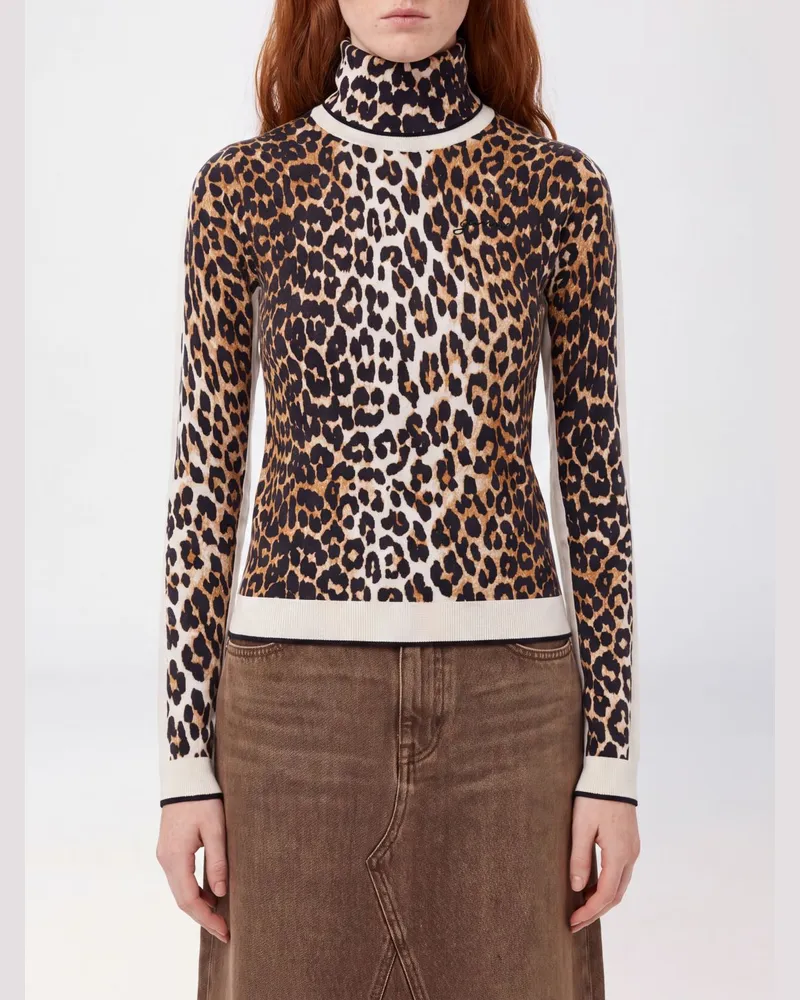 Ganni Schmal geschnittener Rollkragenpullover aus Merinowolle mit Animal-Print Braun