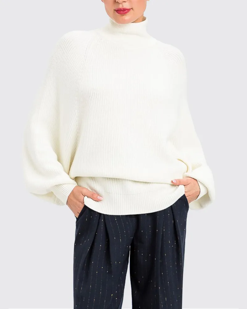 Twin-Set Pullover mit Stehkragen aus Wollmischung und überschnittenen Schultern Weiß