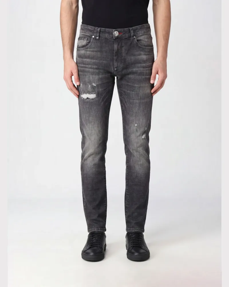 Philipp Plein Distressed Slim Fit Skinny Jeans aus Baumwolldenim mit Metall-Logo Grau