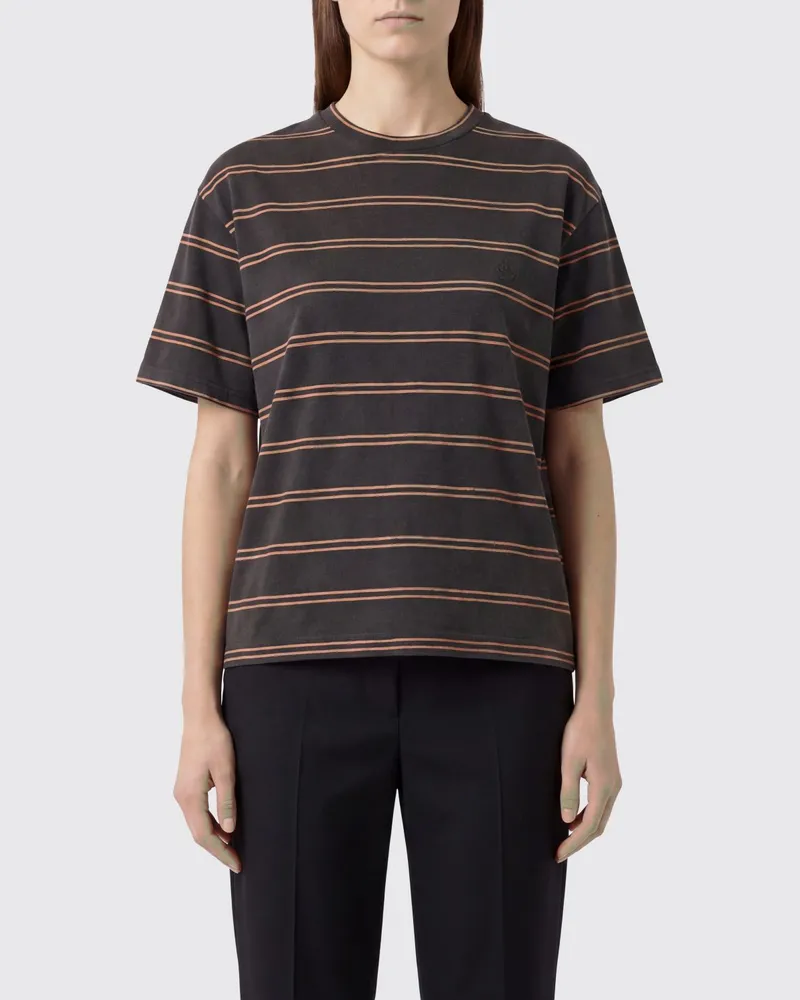 Jil Sander Gestreiftes Baumwoll-T-Shirt mit überschnittenen Schultern Braun