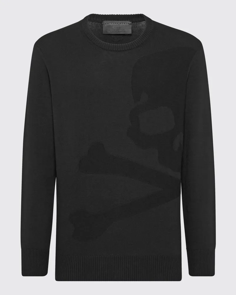 Philipp Plein Rundhalspullover aus Wolle und Baumwolle mit Totenkopf-Print für einen rockigen Look Schwarz