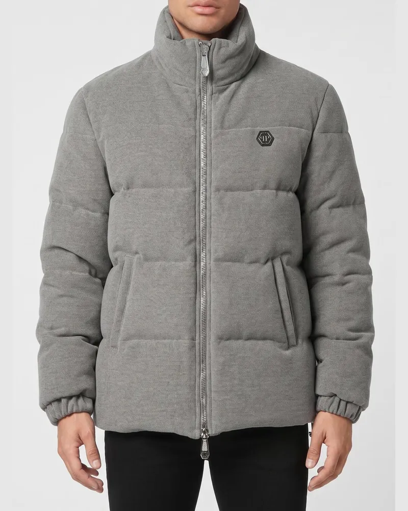 Philipp Plein Woll-Daunenjacke mit Logo und Slogan Grau