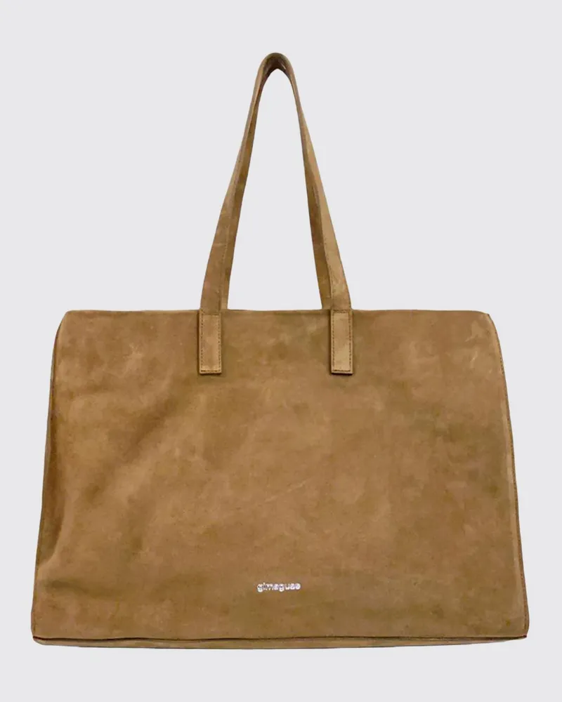 GIMAGUAS Große Leder-Shopping-Tasche mit doppeltem Henkel und Schriftzug-Logo Camel