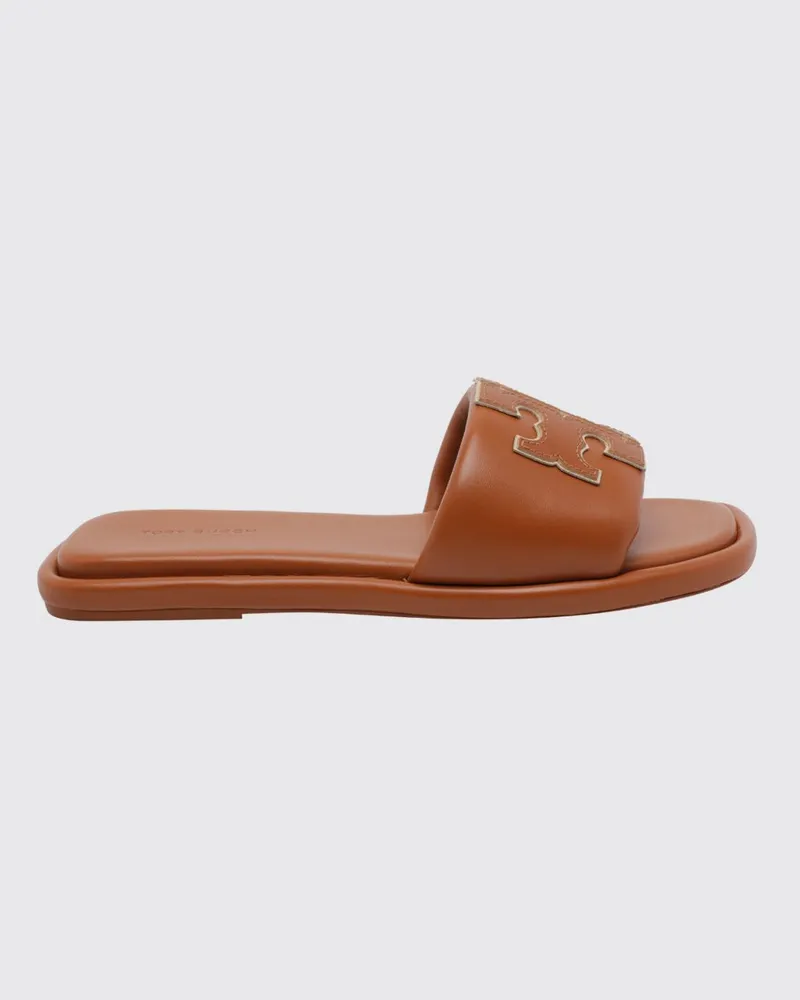 Tory Burch Double T Sport Slide-Sandalen aus Glattleder mit Logo Braun