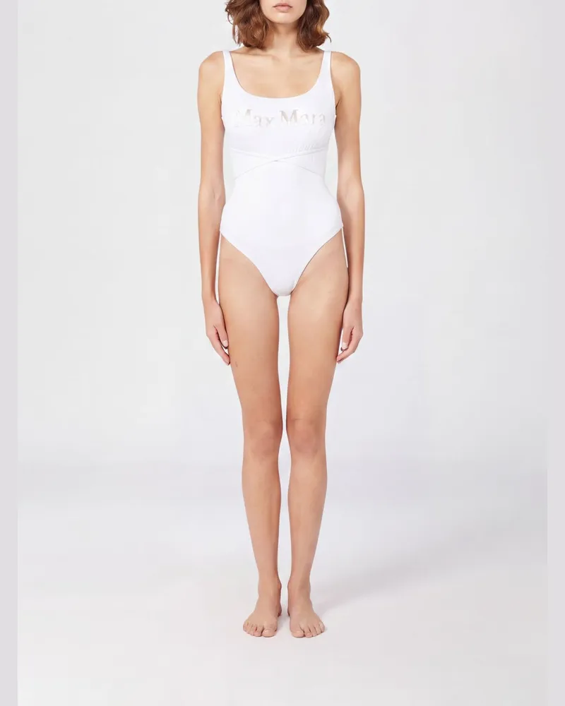 Max Mara Einteiliger Badeanzug mit beflocktem Logo und Bindegürtel Weiß