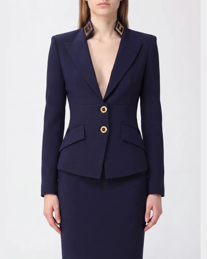 Elisabetta Franchi Einreihiger Crêpe-Blazer mit schmaler Passform und gepolsterten Schultern Navy