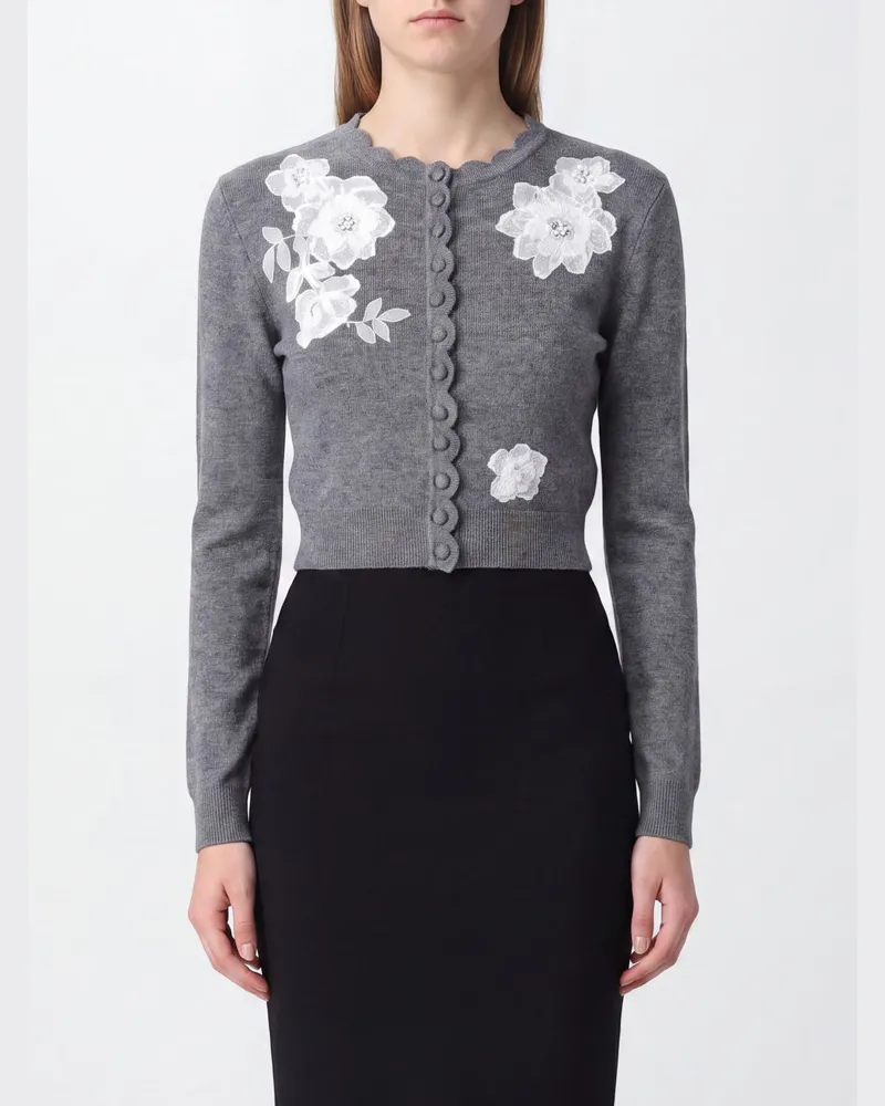 Self-Portrait Slim-Fit-Cardigan aus Wolle und Kaschmir mit floraler Applikation Grau