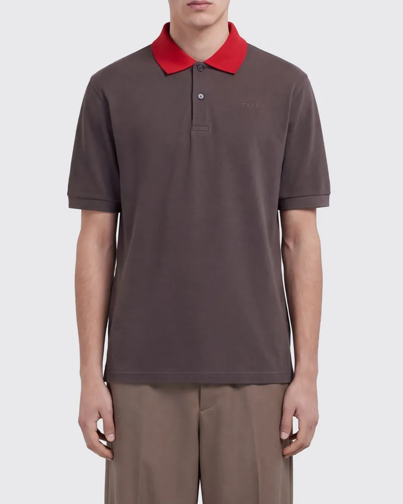 Marni Kurzarm-Poloshirt aus Baumwolle mit geripptem Kragen und zwei Knöpfen Braun