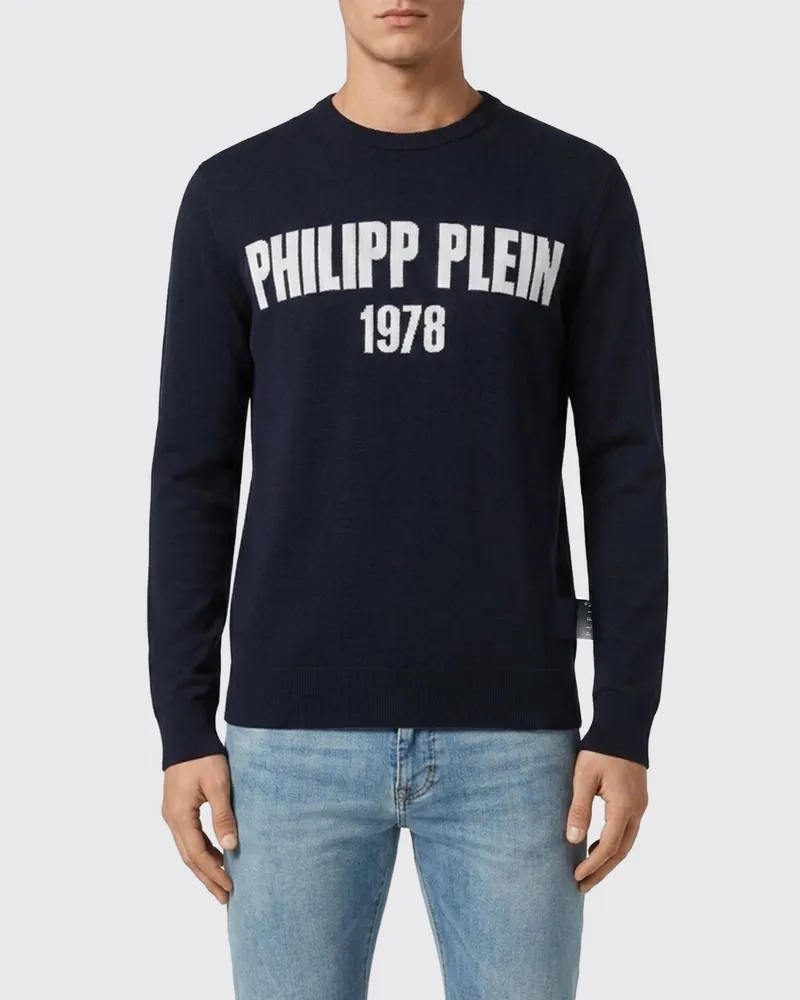 Philipp Plein Rundhalspullover aus Woll-Baumwoll-Mischung mit Jacquard-Logo-Muster Blau