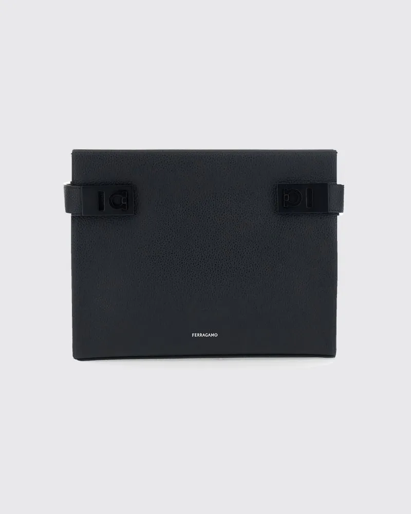Ferragamo Hug Dokumentenhalter aus gehämmertem Leder mit Handschlaufe Schwarz