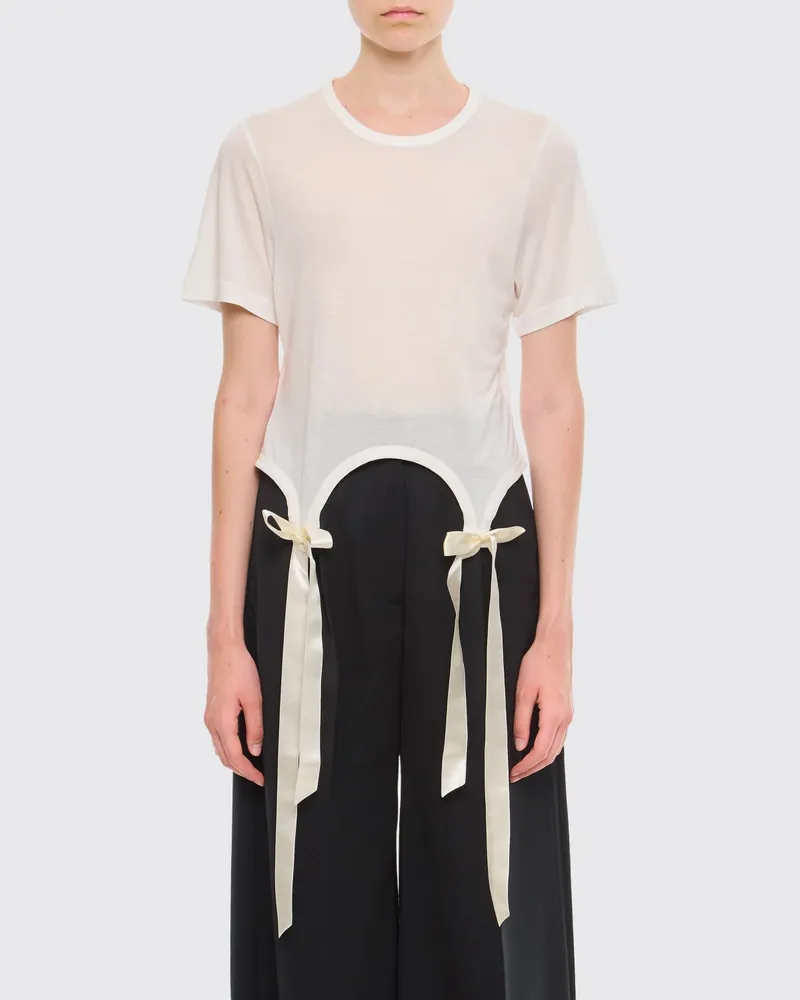 Simone Rocha Transparentes Lyocell-T-Shirt mit Stickerei und Schleife Weiß
