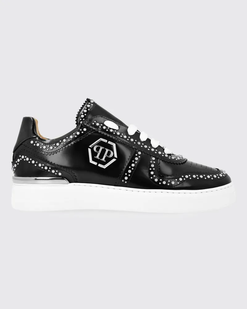 Philipp Plein Low-Top-Sneaker aus gebürstetem Leder mit gesticktem Monogramm Schwarz