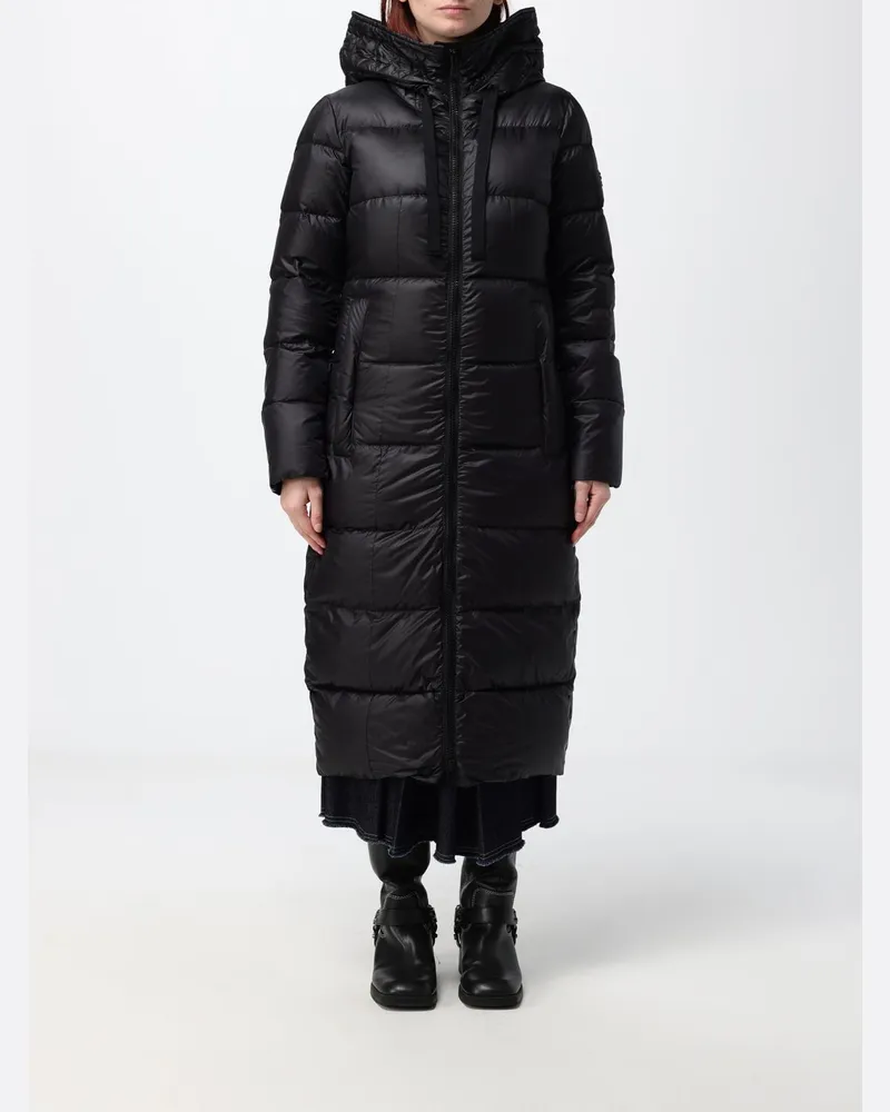 Peuterey Langer gesteppter Nylon-Daunenmantel mit Kapuze und hohem Kragen Schwarz