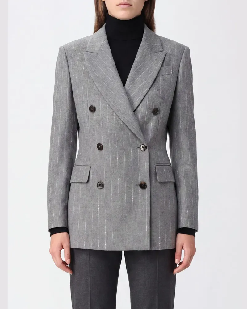 Brunello Cucinelli Kurzer Zweireiher-Blazer aus Nadelstreifen-Wolle mit Pailletten Grau
