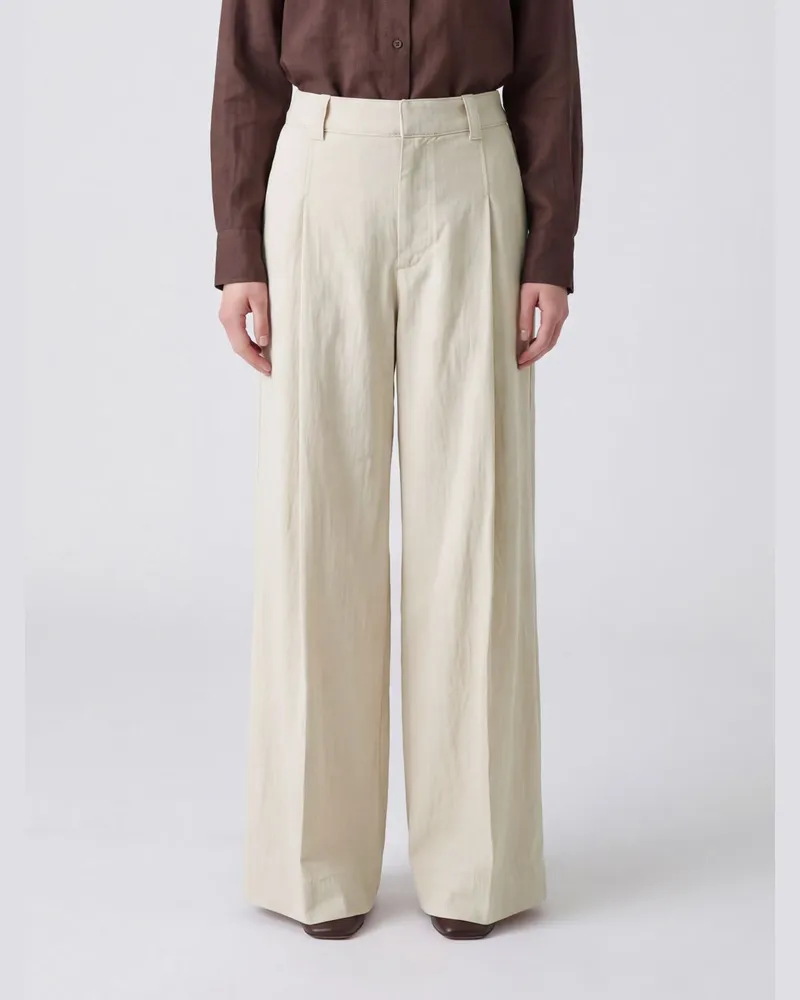 Brunello Cucinelli Palazzo-Hose aus Stretch-Baumwolle mit hoher Taille und Monili Beige