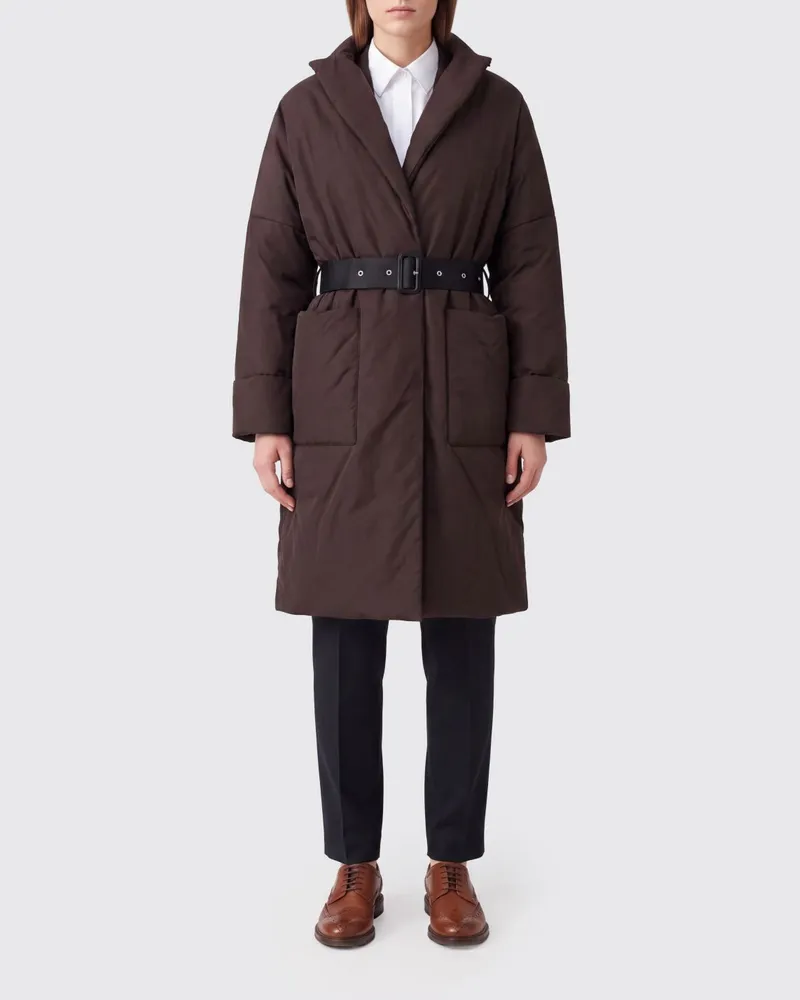 Semicouture Lange gesteppte Daunenjacke mit verstellbarem Taillengürtel Braun