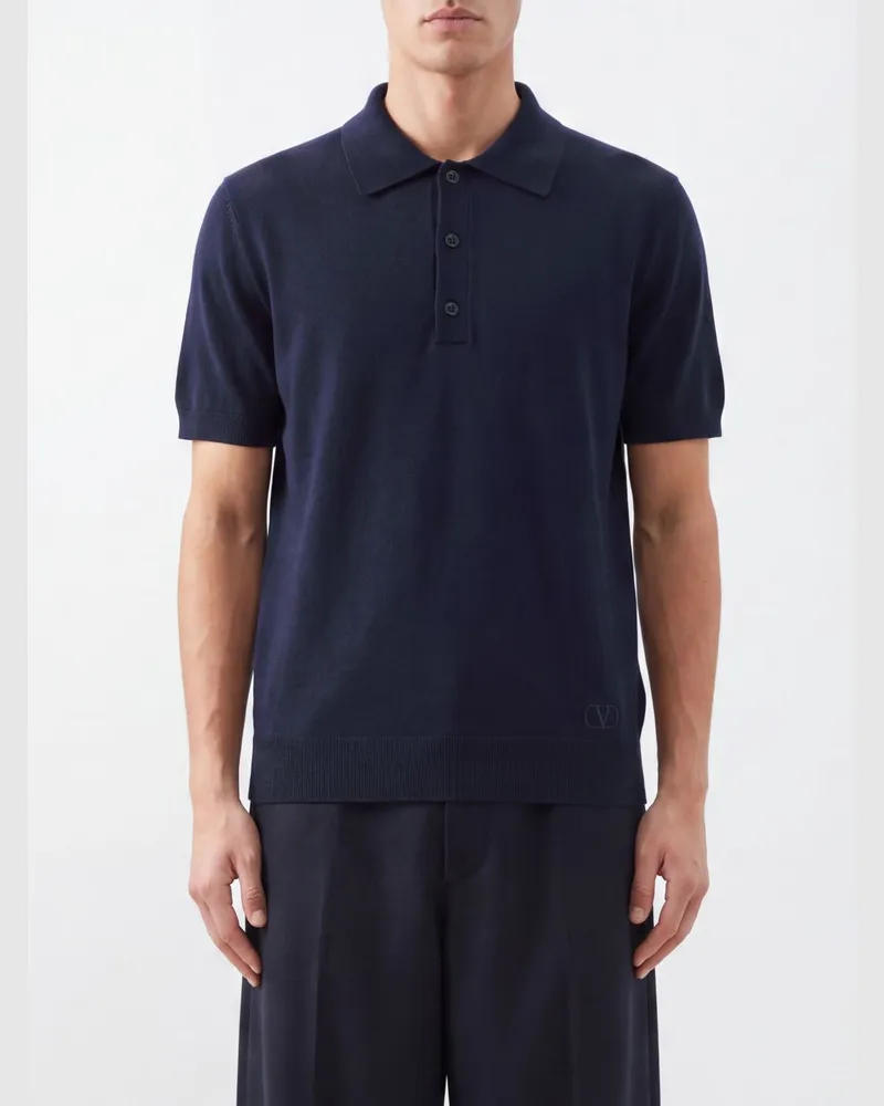 Valentino Garavani Kurzarm-Strickpolo aus reiner Schurwolle Navy