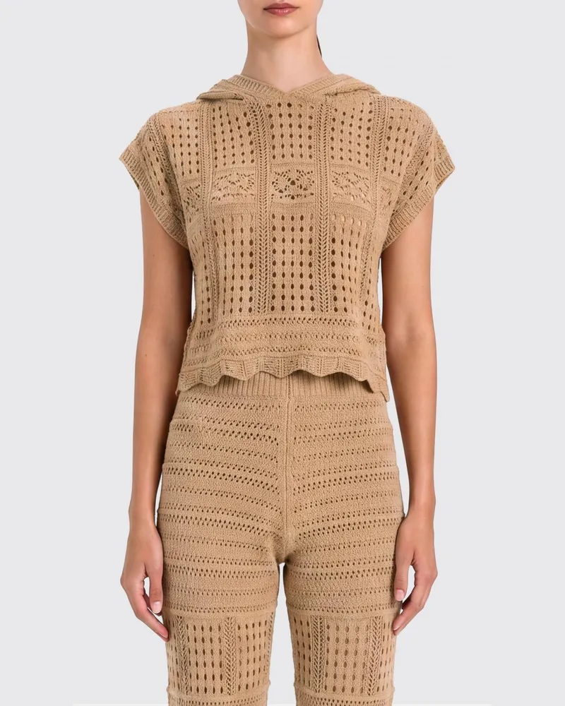 Twin-Set Slim-Fit-Top aus durchbrochenem Baumwollstrick mit Kapuze und kurzen Ärmeln Braun