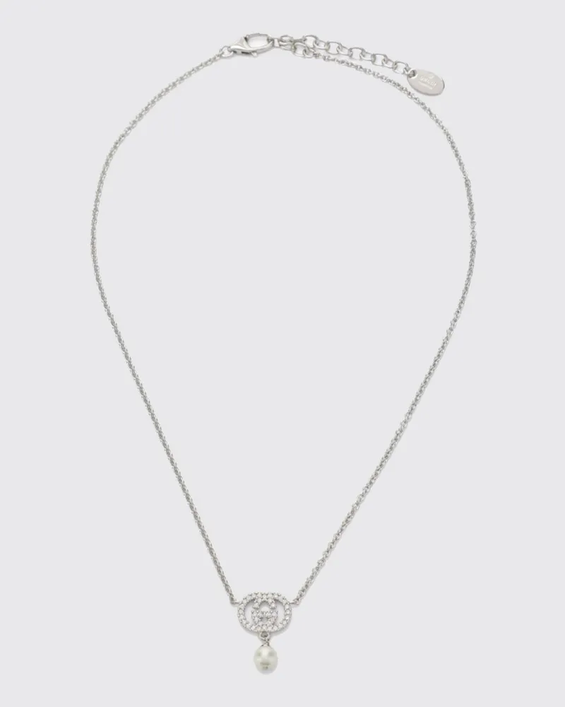 Gucci Choker-Halskette aus Messing mit synthetischen Perlen und Strass-GG-Logo Weiß