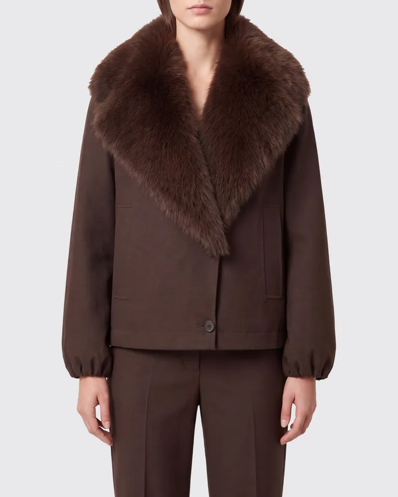 Twin-Set Mantel aus Baumwoll-Gabardine mit Kunstpelzkragen Braun