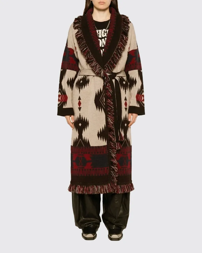 Alanui Langer Jacquard-Cardigan von aus Schurwolle mit Fransen und Bindegürtel Braun