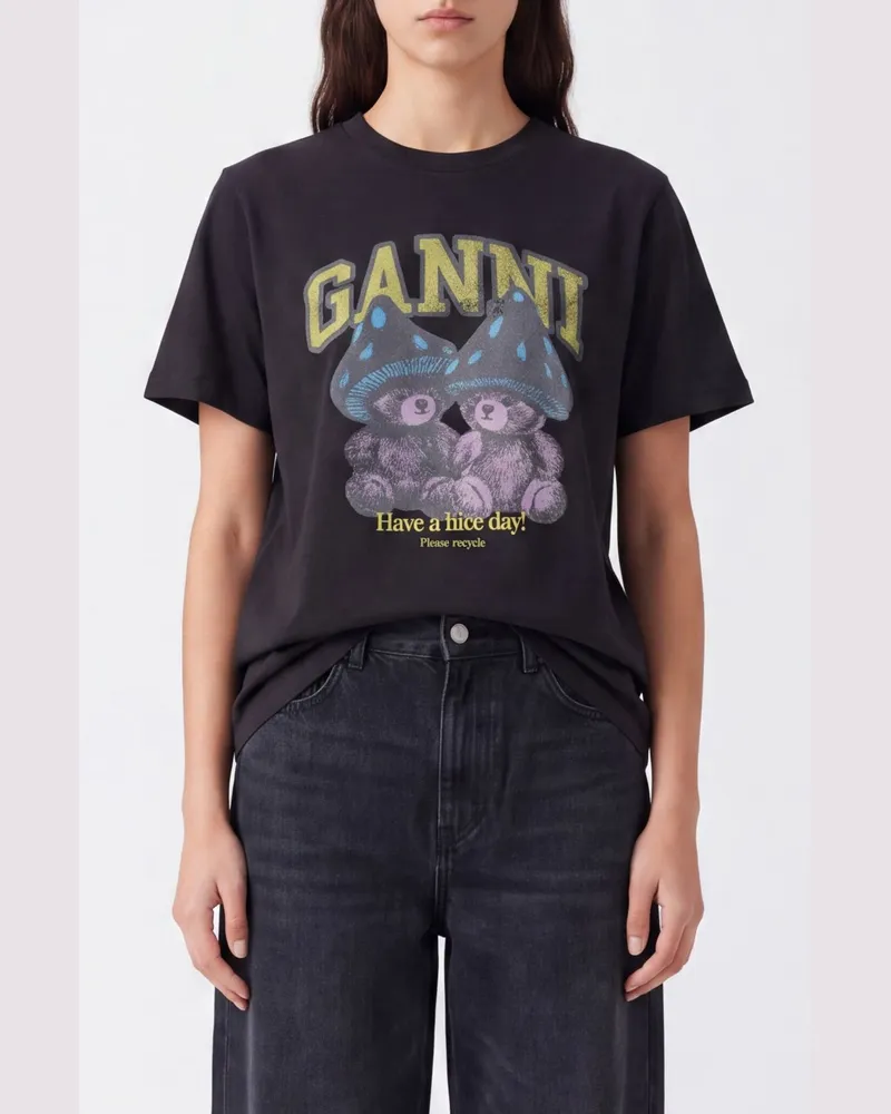 Ganni T-Shirt aus Bio-Baumwolle mit Teddybär-Graffiti-Print Schwarz
