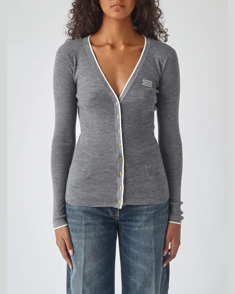 Elisabetta Franchi Slim-Fit-Cardigan aus Wolle mit Kontrastbesatz und Logo Grau