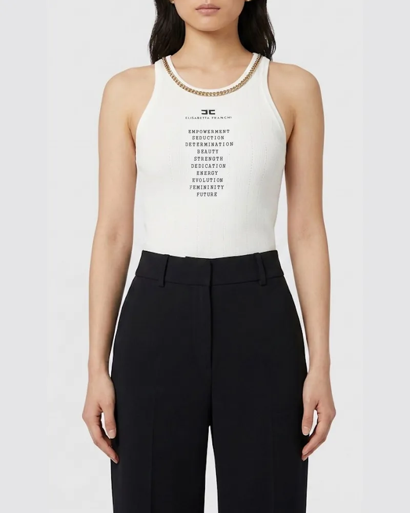 Elisabetta Franchi Slim Fit Top aus Seidenmischung mit Logo-Print und Metallic-Mesh Ivory