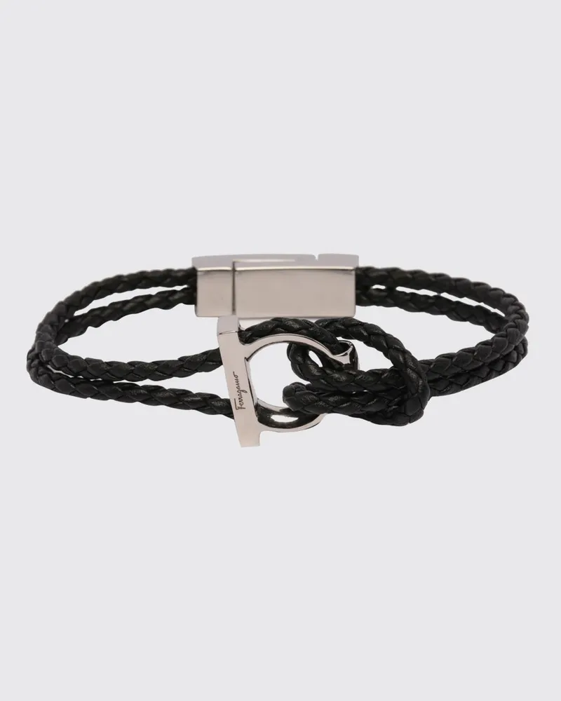 Ferragamo Geflochtenes Lederarmband mit Magnetverschluss und graviertem Logo Schwarz