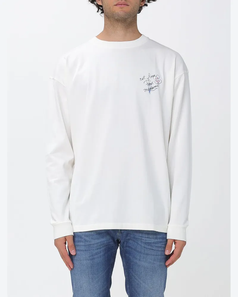 Drôle de Monsieur Langärmeliges Baumwoll-T-Shirt mit Logo- und Slogan-Druck Weiß