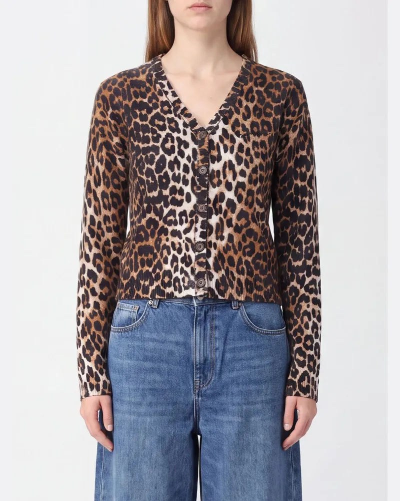 Ganni Verkürzter Cardigan aus Merinowolle mit Animal-Print und V-Ausschnitt Braun