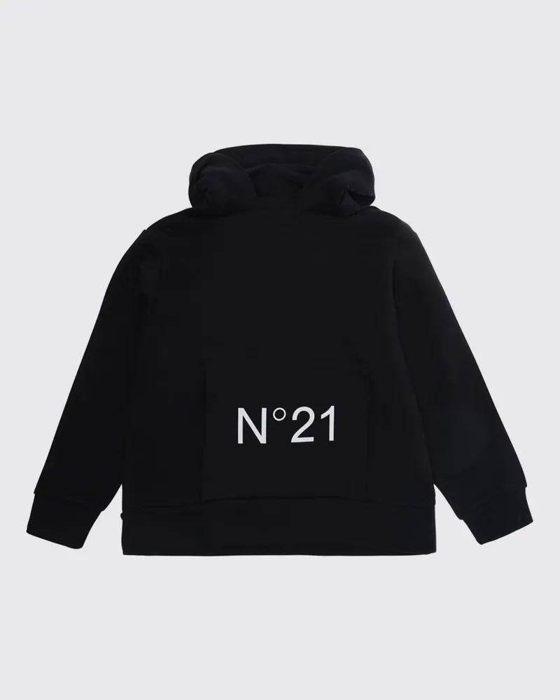 N° 21 Kapuzenpullover für Jungen aus Baumwolle mit Logo und aufgesetzter Tasche Schwarz