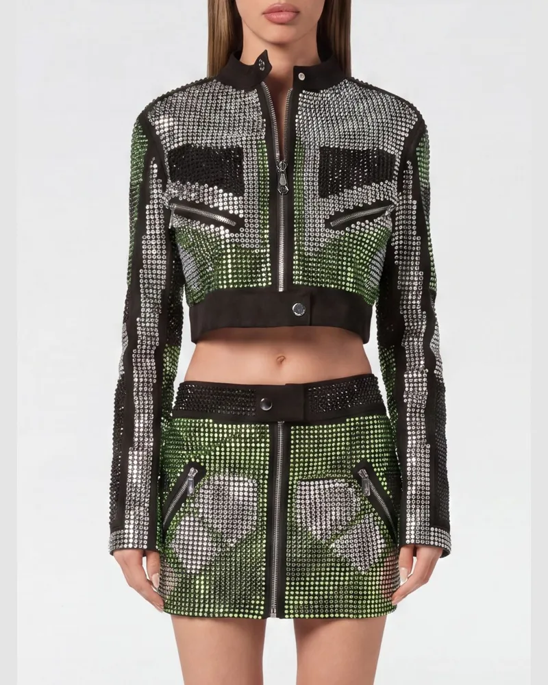 Philipp Plein Cropped Bikerjacke aus Veloursleder mit Strass Grün