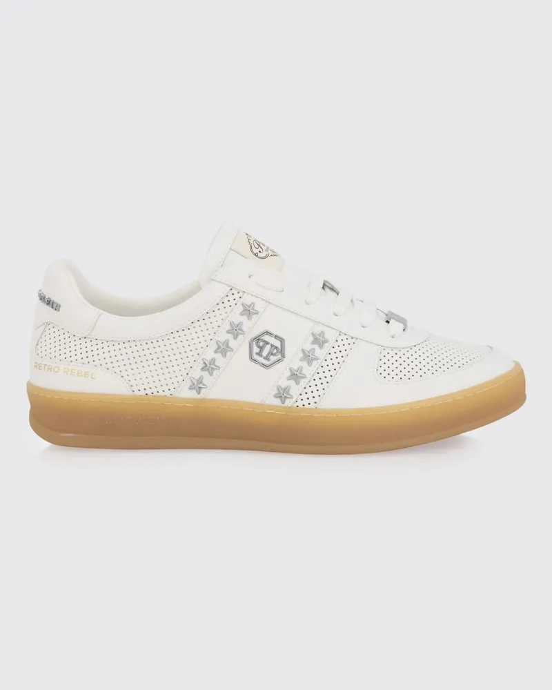Philipp Plein Retro Rebel Perforierte Leder-Sneakers mit applizierten Sternen Weiß